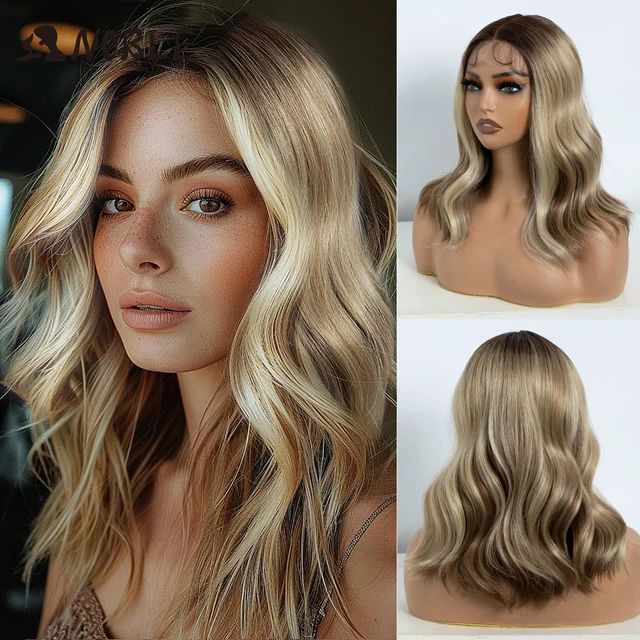 Noble Synthetic Lace Front Wig Body Wave Wig 14 Inch Middle Part Lace Wigs For Women Lace Front Wig Ombre Blonde Golden Wig 1