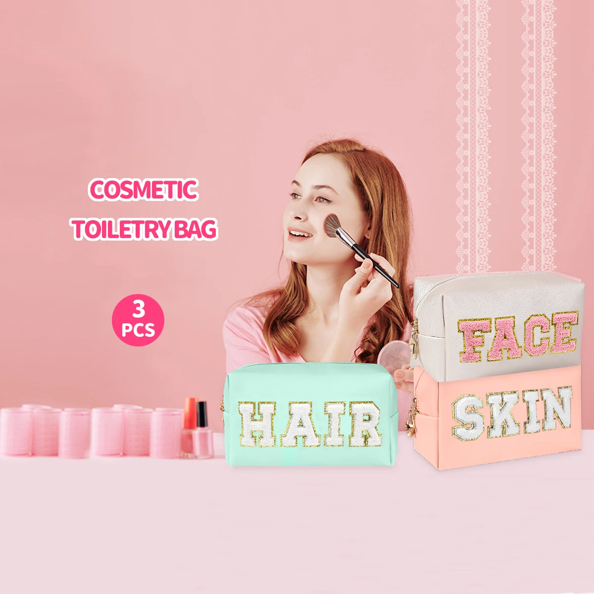 Chenille Letter Cosmetic Bag PU Leather Waterproof Pouch Cute Zipper Organizer, Skin, Hair and Face.-zmt 2
