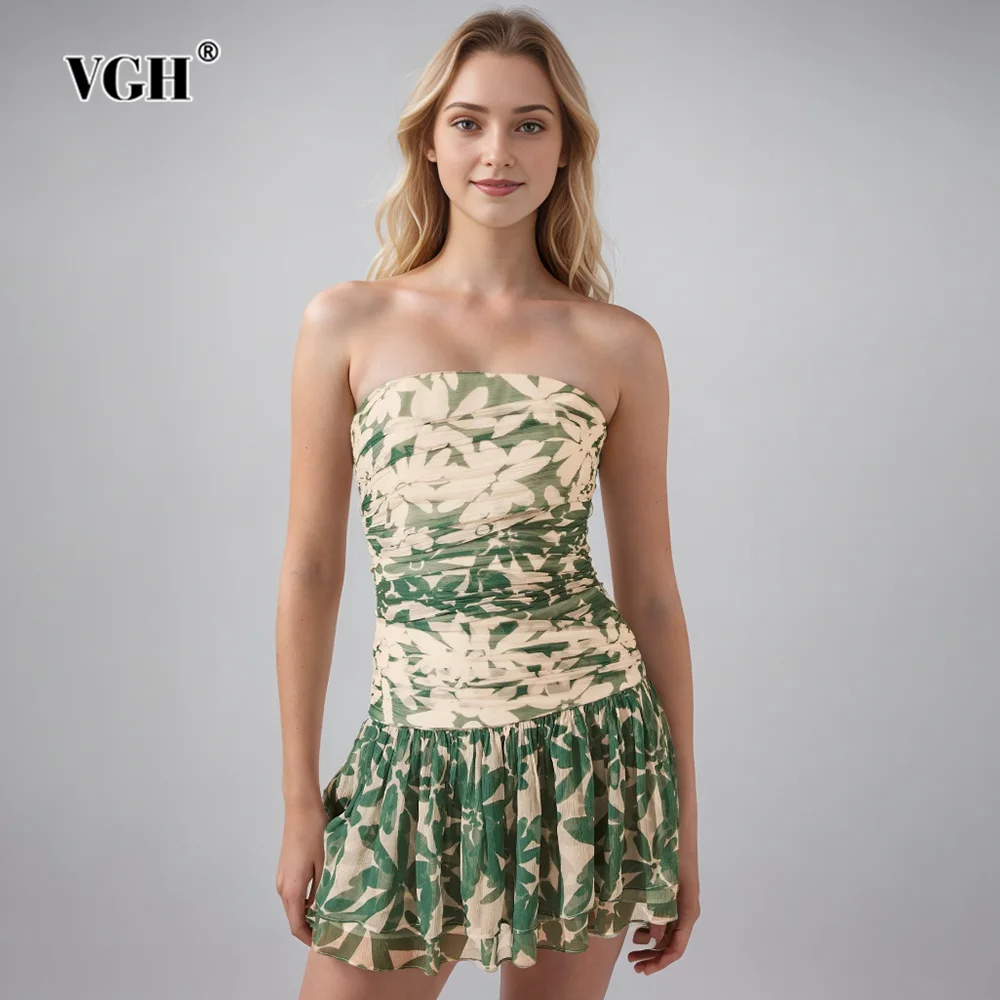 

VGH Hit Color Floral Printing Elegant Dresses For Women Strapless Sleeveless Backless High Waist Spliced Zipper Dress Female New