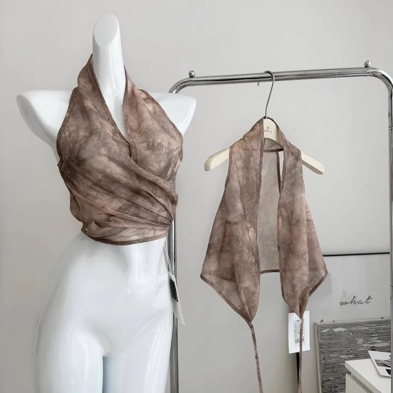 

Rose Halo Dyed Hanging Neck Strap Tank Top For Women'S Summer, Unique Design, Cross Collar Off The Shoulder Sleeveless Top