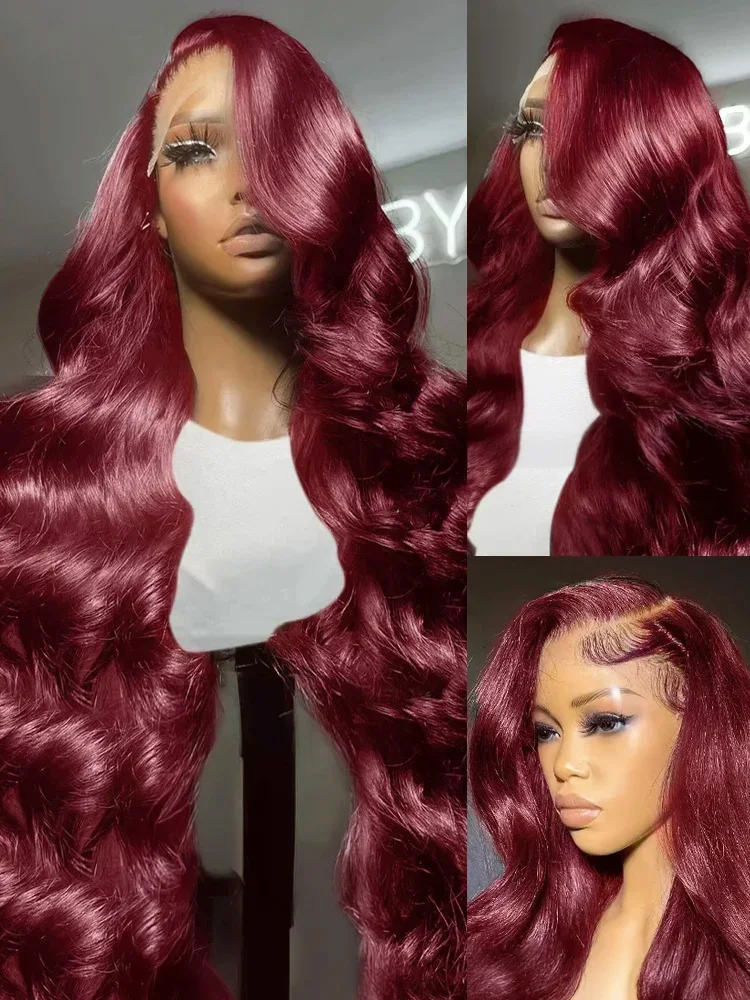 30 40Inch 99J Burgundy 13x6 HD Lace Frontal Wig Remy Body Wave Red Colored 13x4 Transparent Lace Front Human Hair Wigs For Women