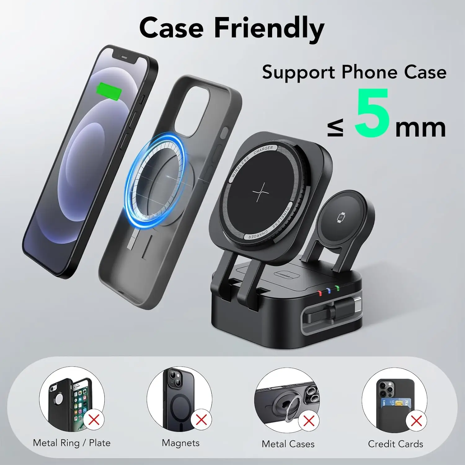 3 in 1 Magnetic Wireless Charger Station With Extension Cords for iPhone 17 16 15 14 13 12 iWatch 11-2 Airpods Pro Fast Charging