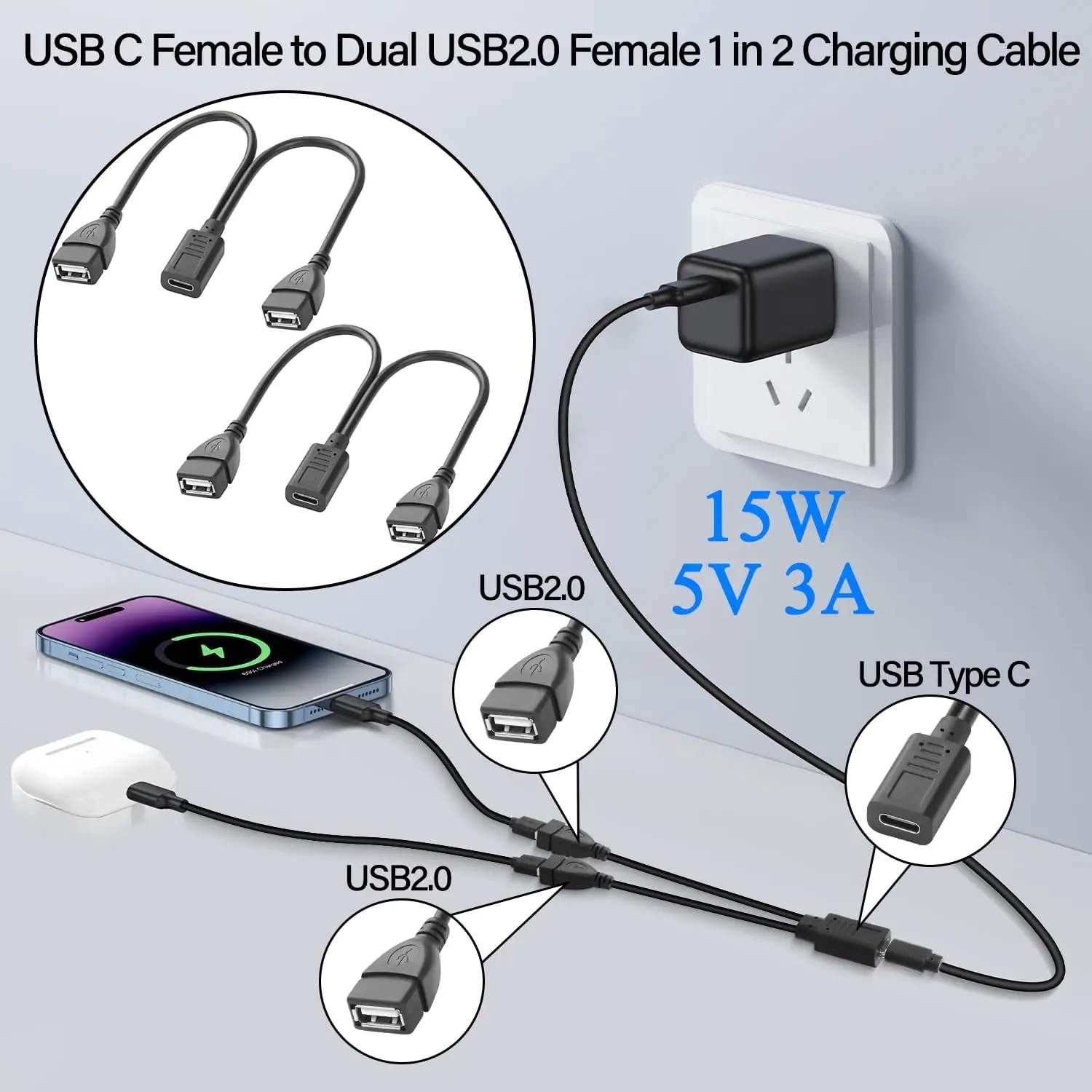 USB C 스플리터 충전 케이블 USB 타입 C 암-듀얼 2 USB 2.0 A 암 스플리터 Y 충전 커넥터 케이블 (충전 전용)