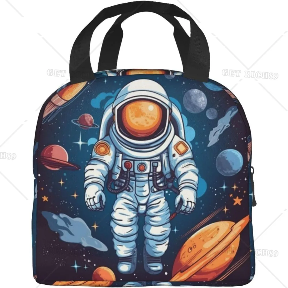 

Planets and Astronaut Galaxy Printed Insulated Lunch Bag for Women Men Reusable Portable Lunch Box for Travel Work Picnic