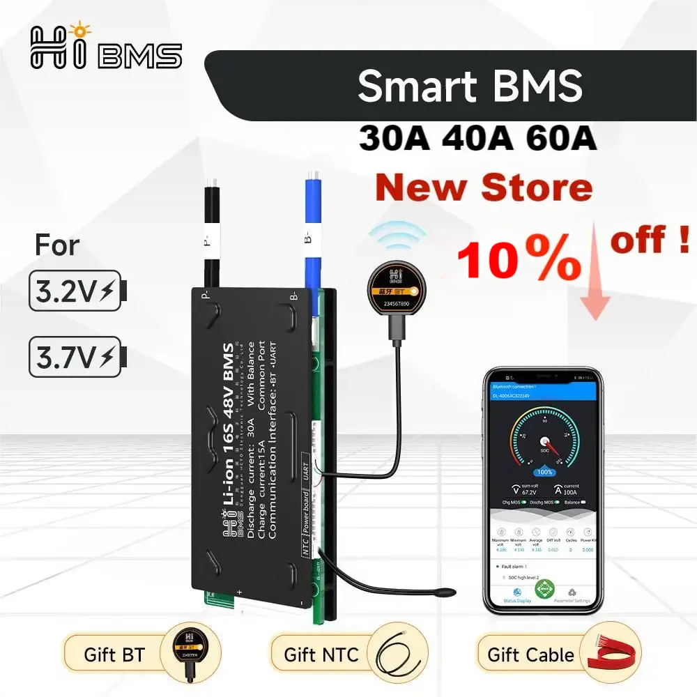 

Hi Smart BMS Bluetooth Lifepo4 16S 48V BMS 4S 8S 12V Li-ion 3S 13S 14S 30A 40A 60A 80A Balance Small Current EV