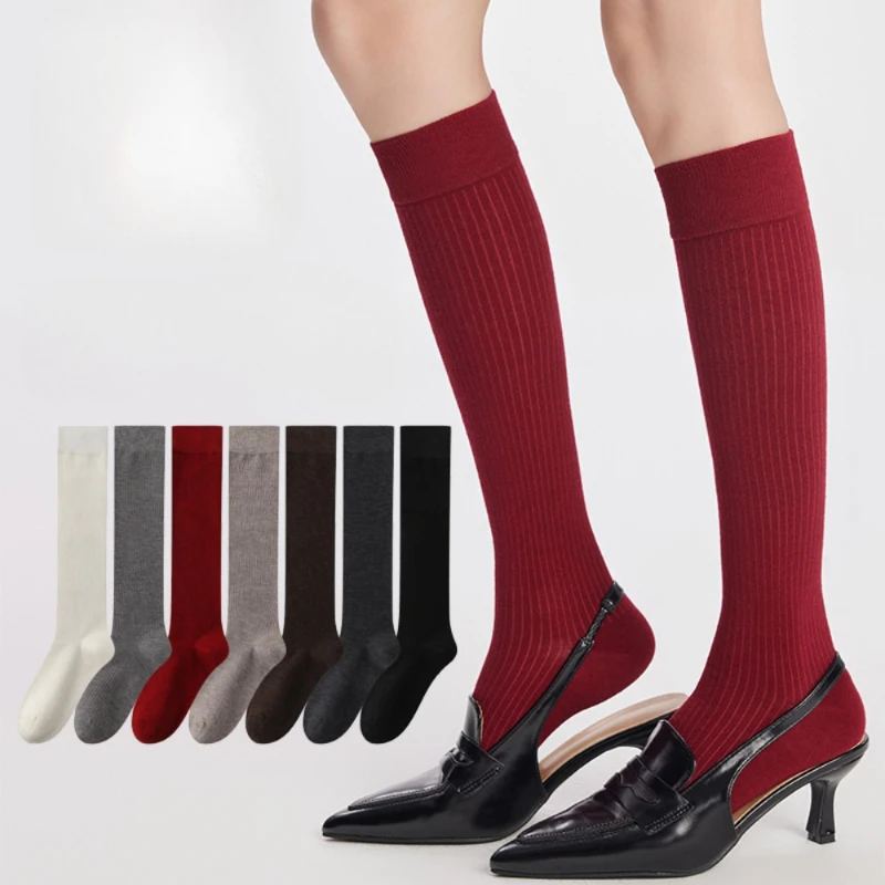 Autumn New Woolen Striped Long Knee High Socks Korean White Red Boneless Calf Socks Women Solid High Tube Slimming Stacked