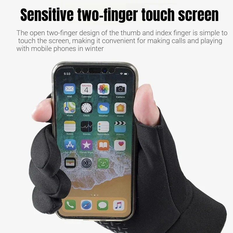 1Pair Fall Winter Second Finger Gloves Padded Warm Fishing Gloves Half Finger Touch Screen Windproof Anti-slip Cycling Sports