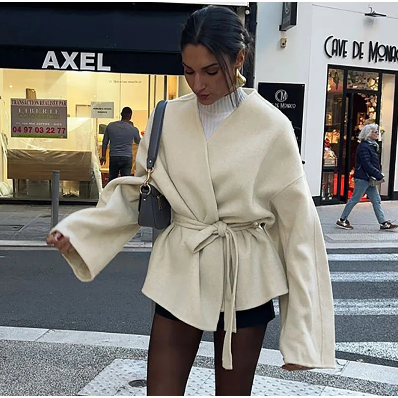 Elegant Woolen Long Sleeve Coat With Belt Women Loose Casual V-neck Solid Short Overcoat Autumn Vintage Lady Thick Warm Outwear