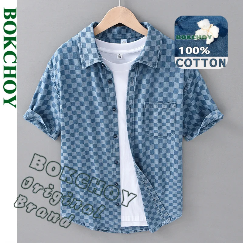 Spring Summer Denim Pure Cotton Short Sleeve Shirts For Men denim shirt Clothing Plaid Soft Shirts DC8859