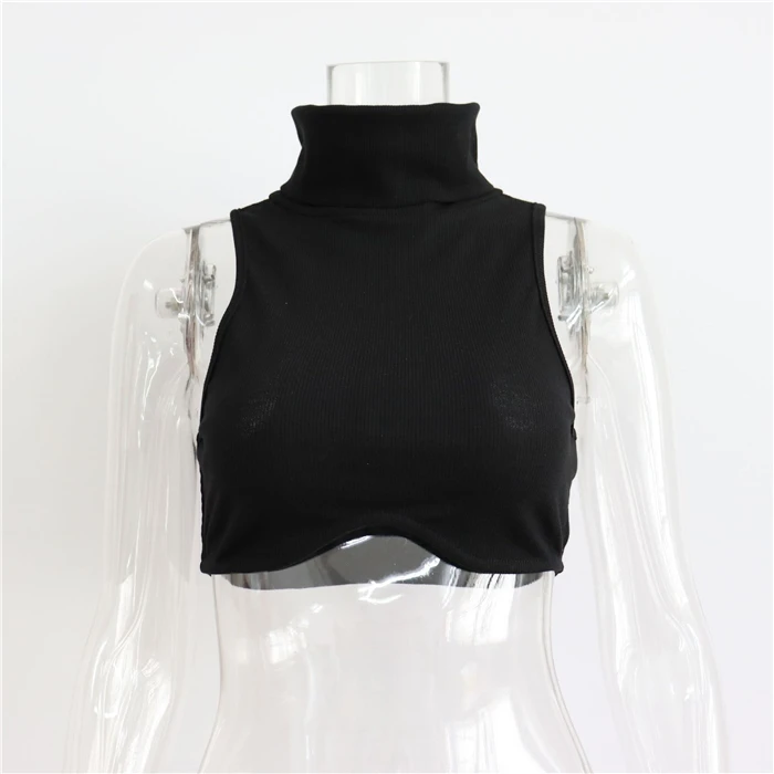 גופייה סקסית קצרה לנשים, צווארון גבוה, ללא שרוולים, סרוגה, חולצה קצרה, סגנון רחוב, צבע אחיד, גזרה צמודה, אביב 2023, חומר אחר