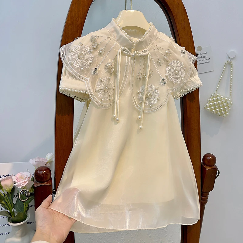 

Toddler Girls Dress Summer New Children Clothing Fashion Retro Cloud Shoulder Princess Dress