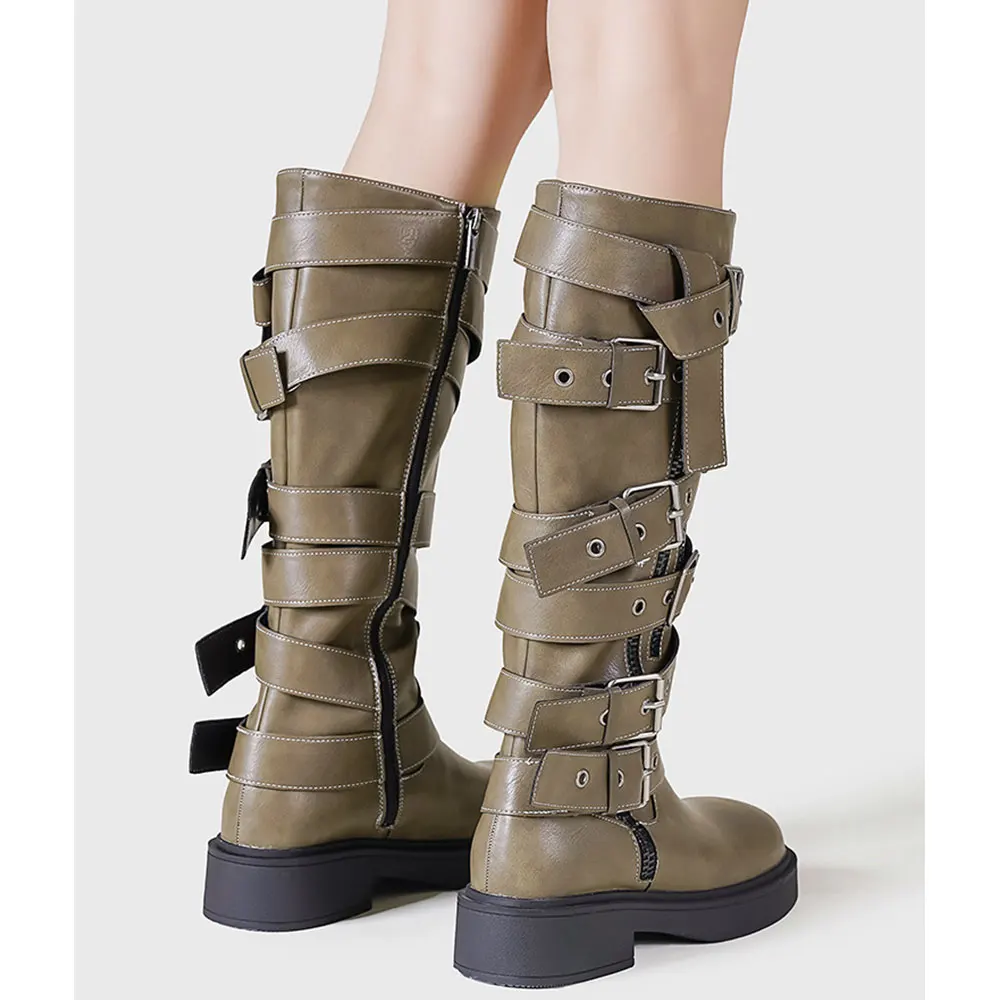 2024 Women's Punk Buckled Knee High Boots Fashion Wide