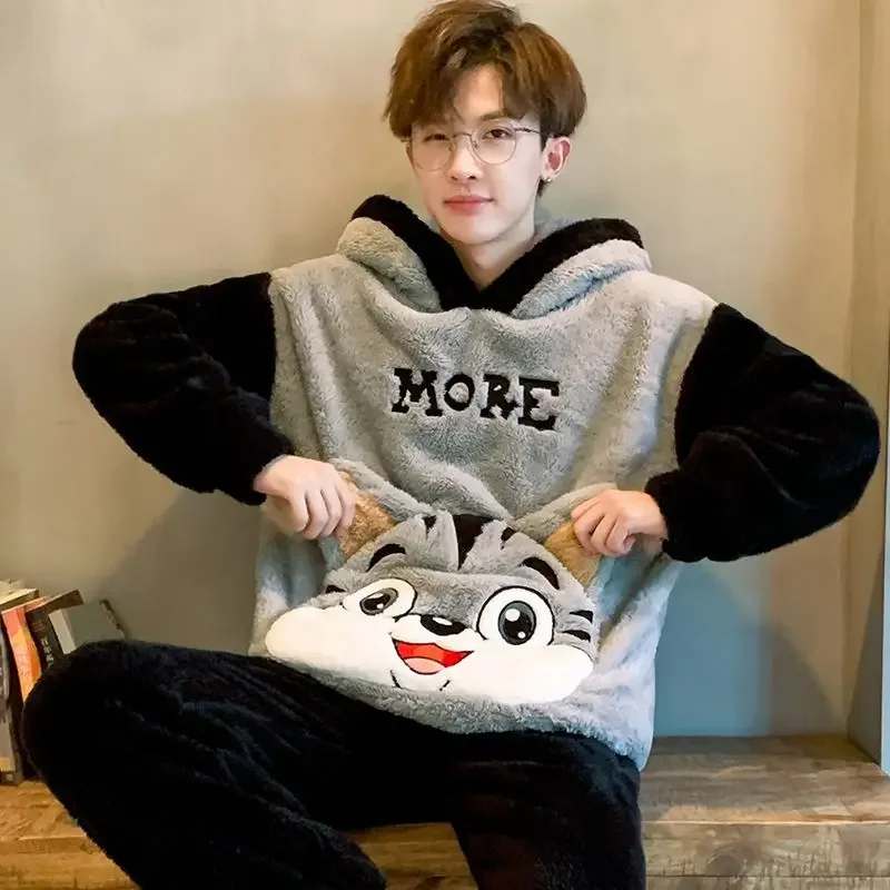 Youth Sleep Clothes Suit Coral Plush Nightwear Large Size Pajamas Men Autumn Winter Flannel Thick Younger Male Cute Homewear Set