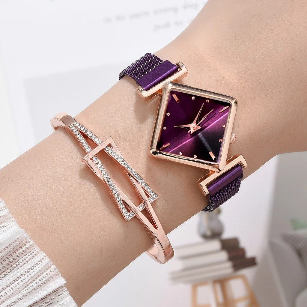 

Simple Rhombus Women Watches & Bracelets Set Dial Luxury Stainless Steel Bangle Bracelet Watch Ladies Quartz Wristwatch Gifts