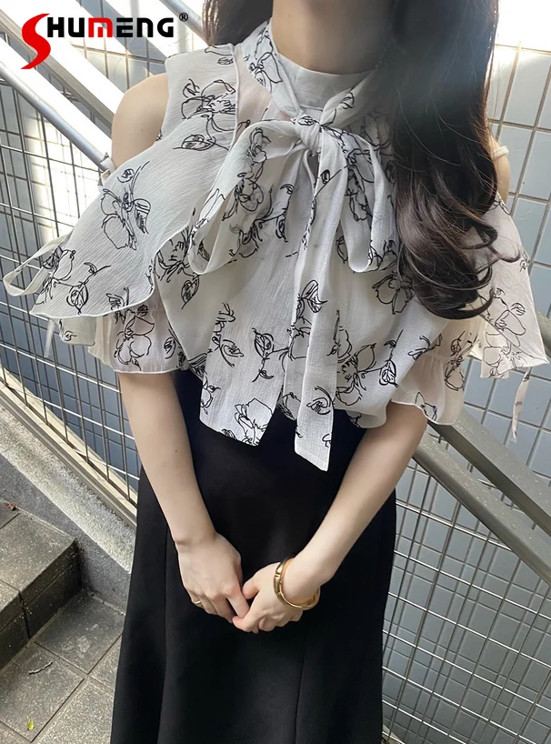 

Japanese Sweet Off-the-Shoulder Printed Shirts for Women 2024 Summer New Elegant Bow Tied Lotus Leaf Short Sleeve Blouses Tops