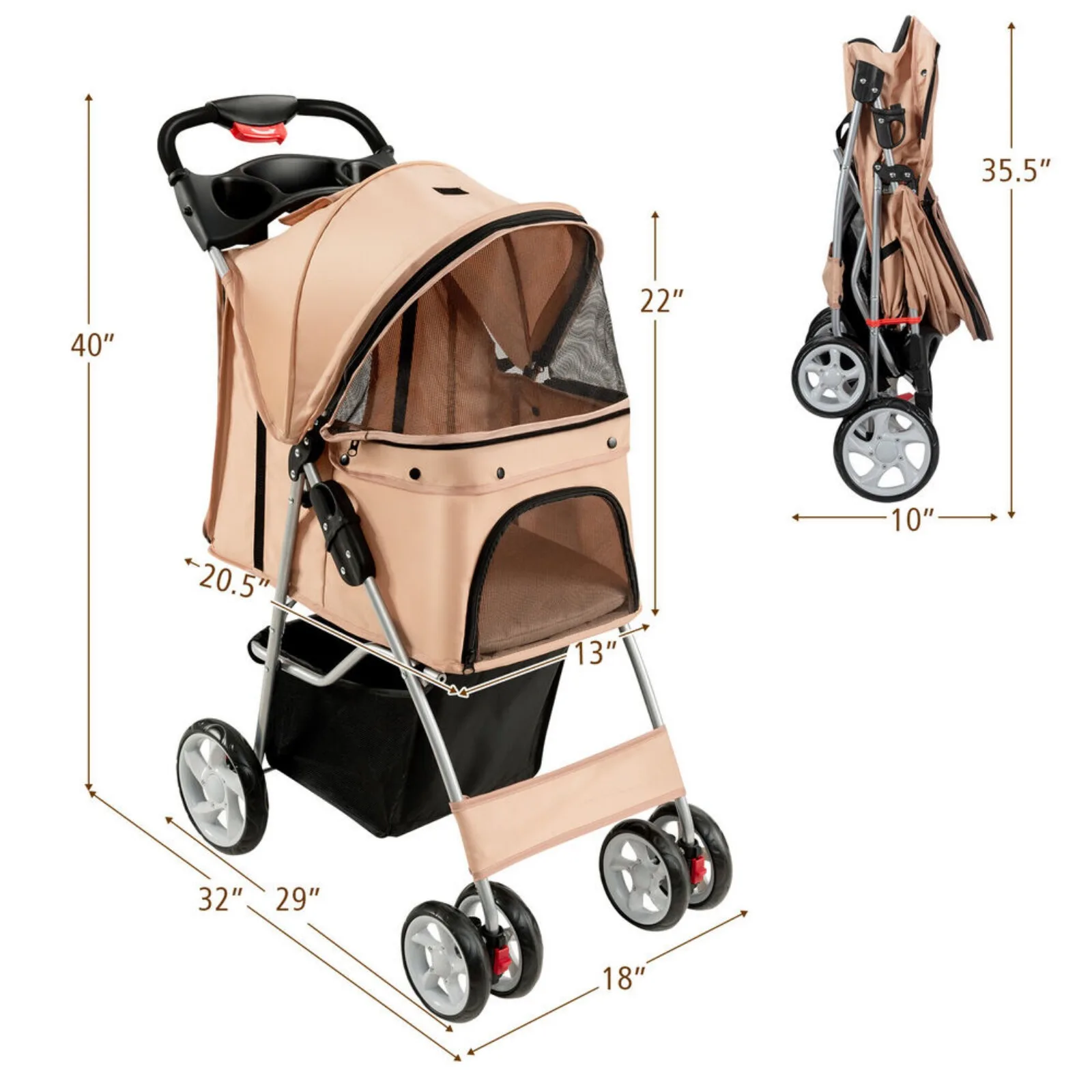 US Folding Pet Stroller 4-Wheel Pet Travel Carrier w/Storage Basket Beige