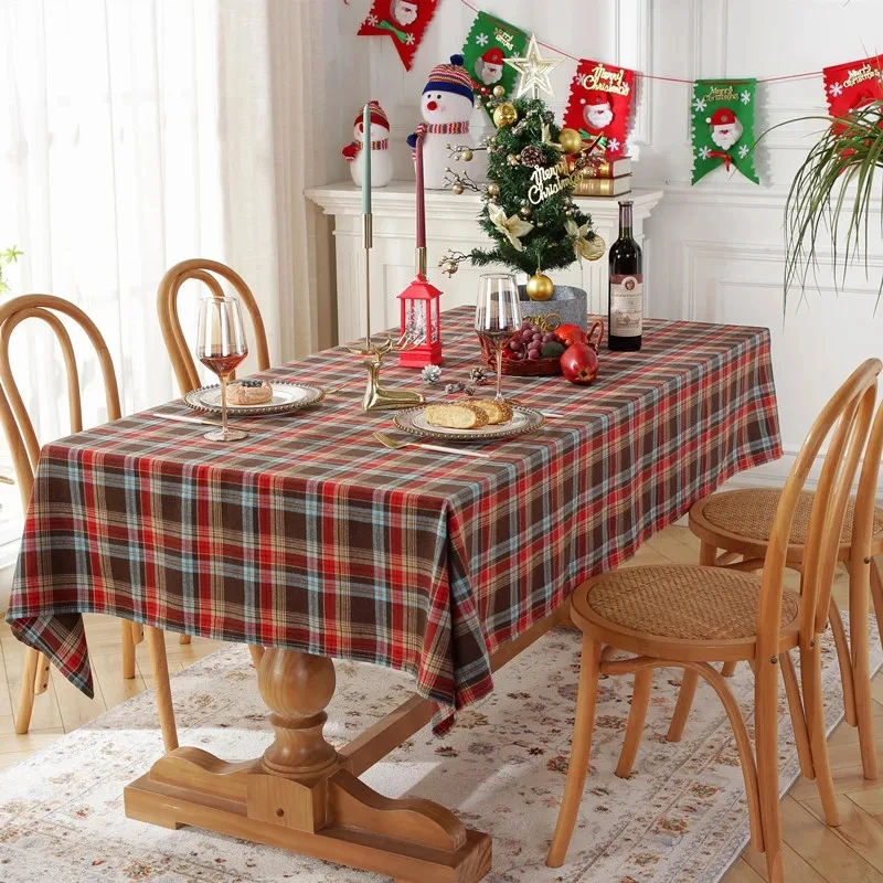 

Checkered Colored Table Cloth Christmas Decoration Woven Polyester Cotton Red Green Family Party Table Decoration Table Cover