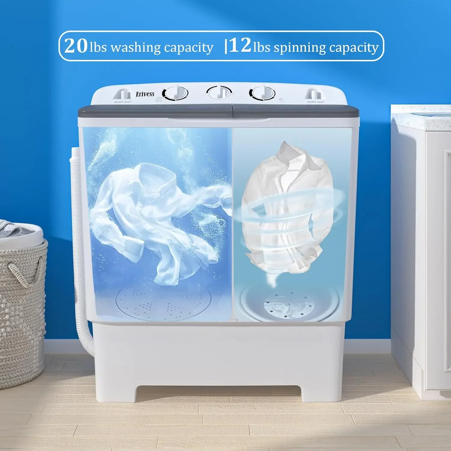 32 lbs Compact Mini Twin Tub Washing Machine with Drying Rack&10 Hangers, 20 lbs Washer Mini Compact Laundry Machine 3