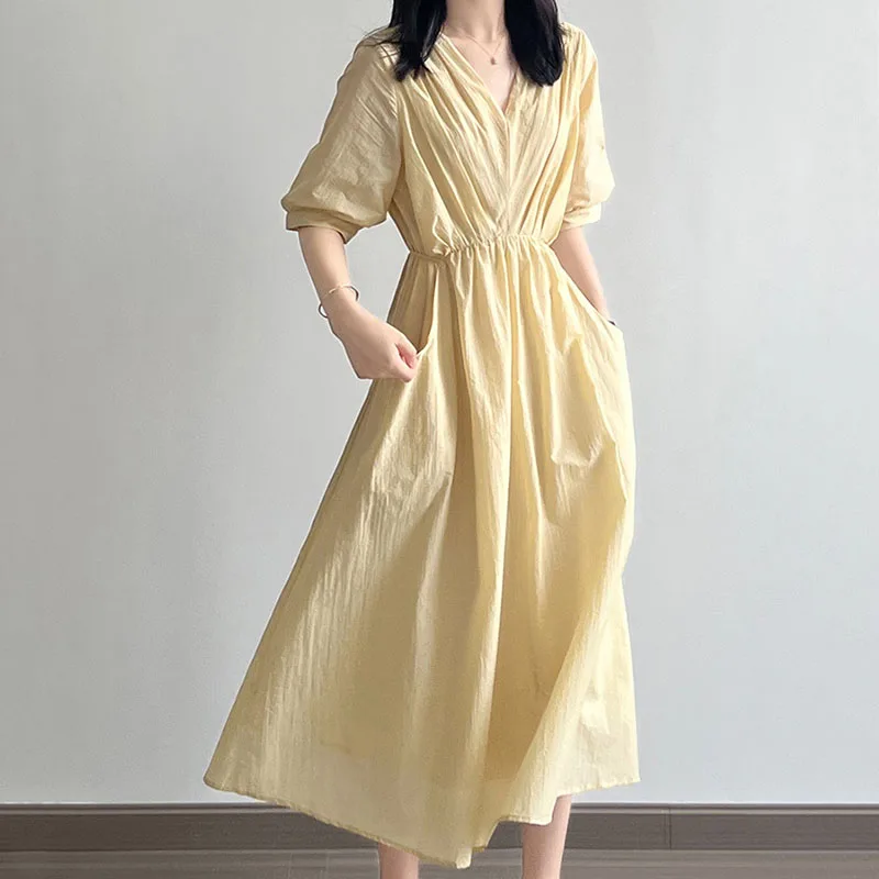 

Женское винтажное платье средней длины, плиссированное платье трапециевидной формы с рукавом до локтя, карманами, подкладкой и V-образным вырезом, на шнуровке, с высокой талией, лето 2023