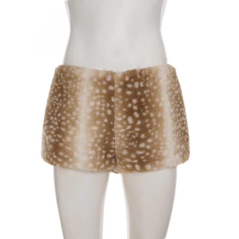 Deer Pattern Print Furry Shorts 2025 Fall Winter Women Fashion Low Waist Faux Fur Night Clubwear Casual Streetwear Bottoms