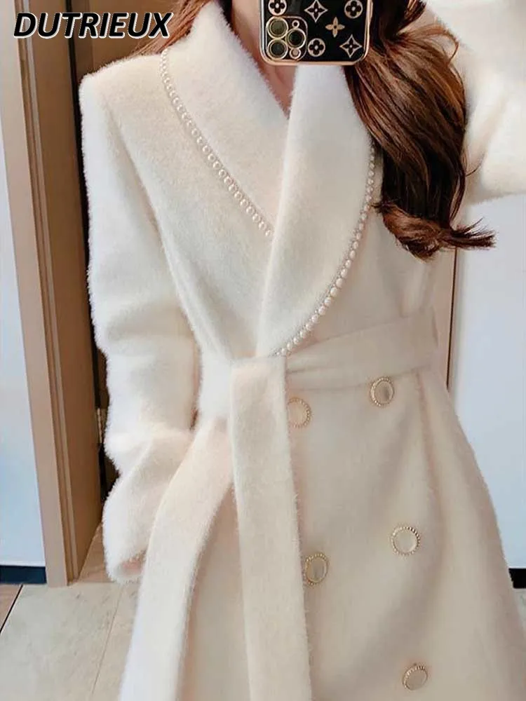 High-End Custom White Woolen Coat for Women New Autumn Winter Sweet Below The Knee Mid-Length Temperament Thick Wool Clothes