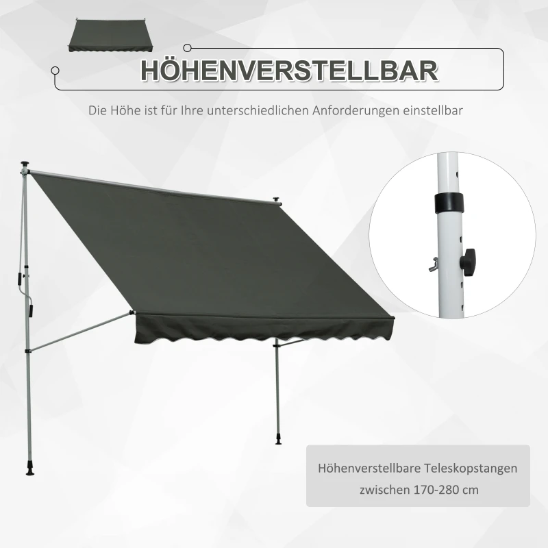 Freistehende Markise, 300 x 150 cm, Markise mit Handkurbel, winddicht, Aluminium, grau, vor Ort – Detail 7