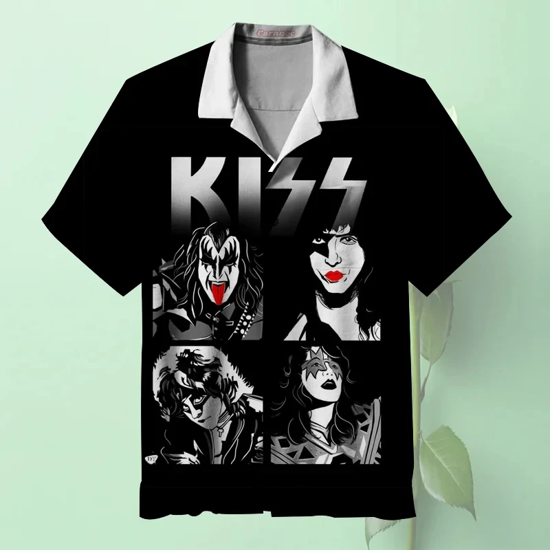 Trendy Cool Fashion KISS band Shirts Beach Party 3d Printing Hawaiian Shirt unisex Short Sleeve Oversized Blouse Lapel Shirt 5
