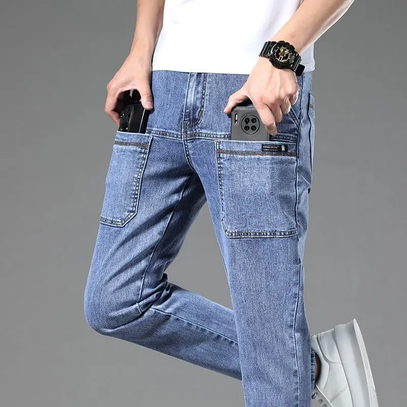 Autumn Winter Men New Fleece Thick Straight Jeans Solid Streetwear Fashion Loose Versatile Multiple Pockets Chic Casual Pants