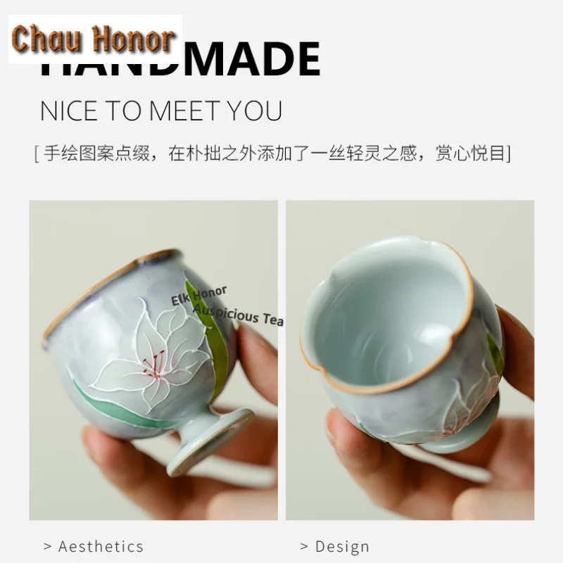 1pc 50ML Hand-painted Lily Fragrance Teacup Aesthetic Tea Bowl Jug Tea-tasting Smelling Cup Chazhan Master Cups Teaware Gift