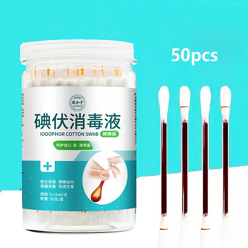 

50pcs/pack Medical Multifunction Disinfected Stick Make Up Wood Iodine Disposable Medical Double- Cotton Swab Portable Bar