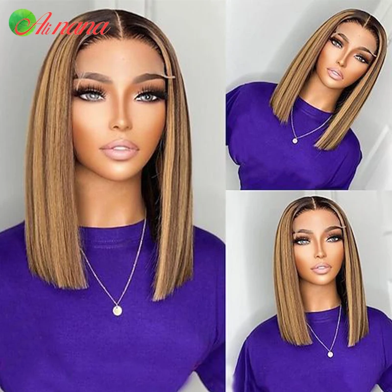 

13x4 Lace Front Bob Wig Highlight Blonde Brown Colored Human Hair Wig Remy Straight Short Bob For Women 180%Density Big Frontal