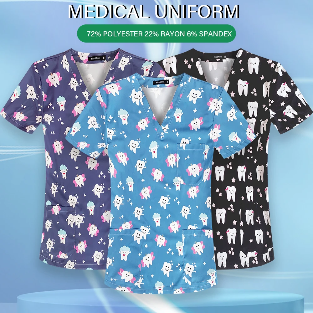 Men's Work Uniform Teeth Print Dentist Comfortable Short Sleeve Scrubs