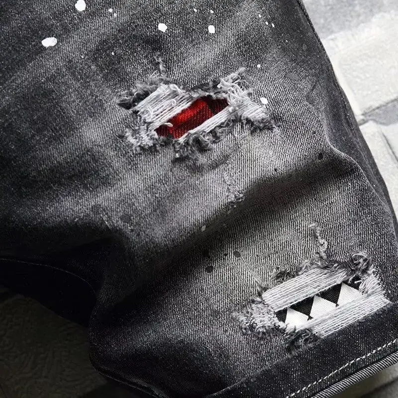 2025 Denim Shorts Men's Summer Trend Brand Printed Embroidered Trend Slim-Fit Casual Elastic Black Trousers Man Jeans Pants 5