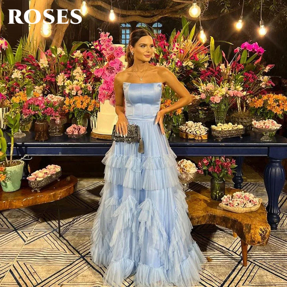 

ROSES Sky Blue Party Dress Strapless A Line Prom Dress Tiered Ruffles Tulle Skirt Long Evening Dresses Floor Length فستان سهرة
