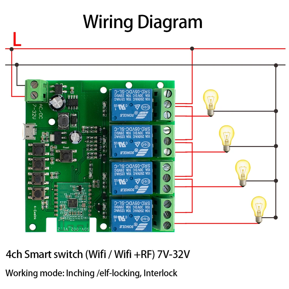 EweLink 4CH Smart Wifi Switch Module 12V 24V 7-32V 220V 85V-250V 10A 4 Channels Relay Work With Alexa Google Home