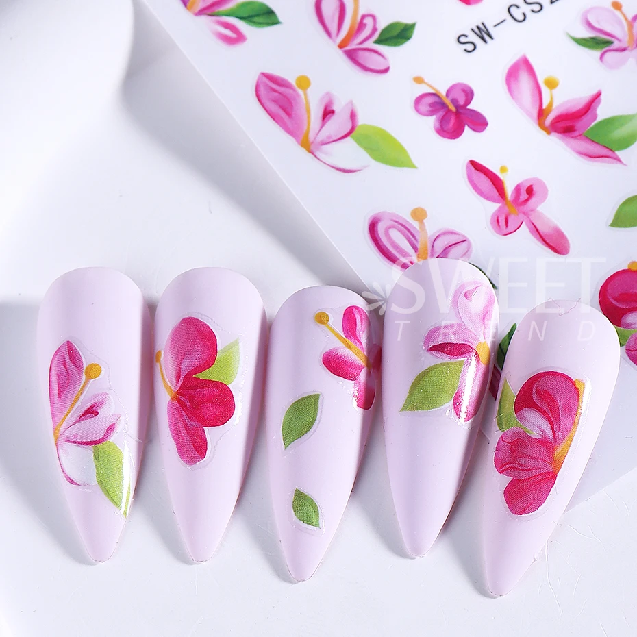 4pcs Flowers Nail Stickers Tulip Sakura Leaf Pink Florals Petal Design Elegant Adhesive Sliders DIY Spring Summer Manicure Decor