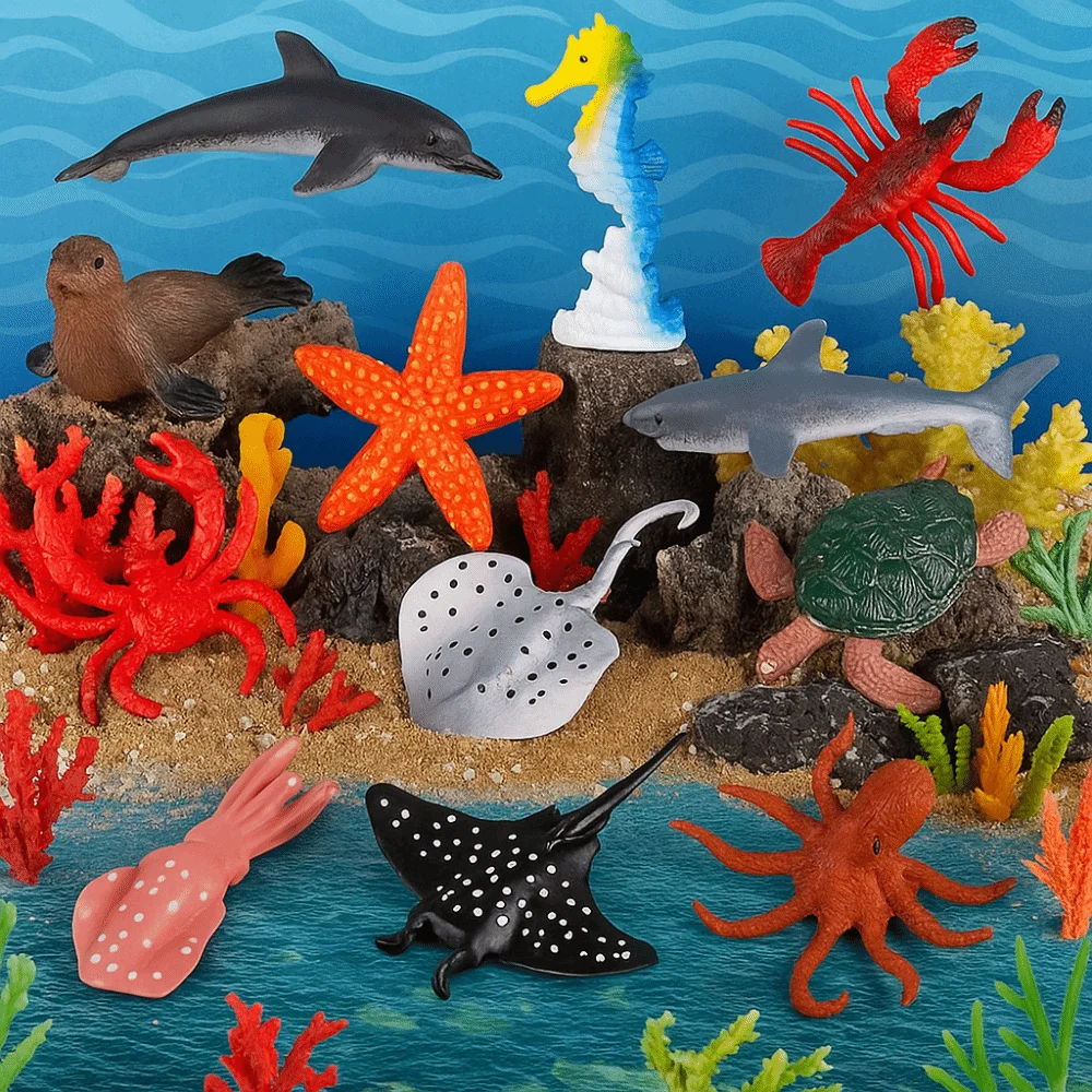 12pcs 플라스틱 바다 생물 동물 모델 불가사리 상어 거북이 게 바다 동물 장식품 Handmad Multicolor