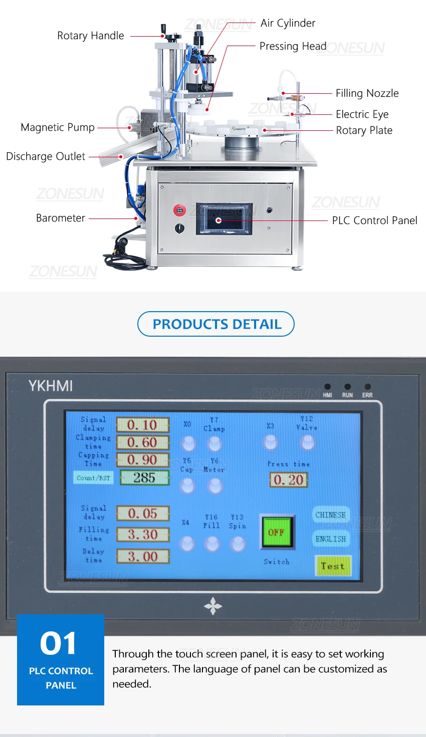 ZONESUN ZS-AFC1C Автоматическая машина для наполнения и прессования крышек Портативный магнитный насос Поворотный стол Производственная линия для малого бизнеса 