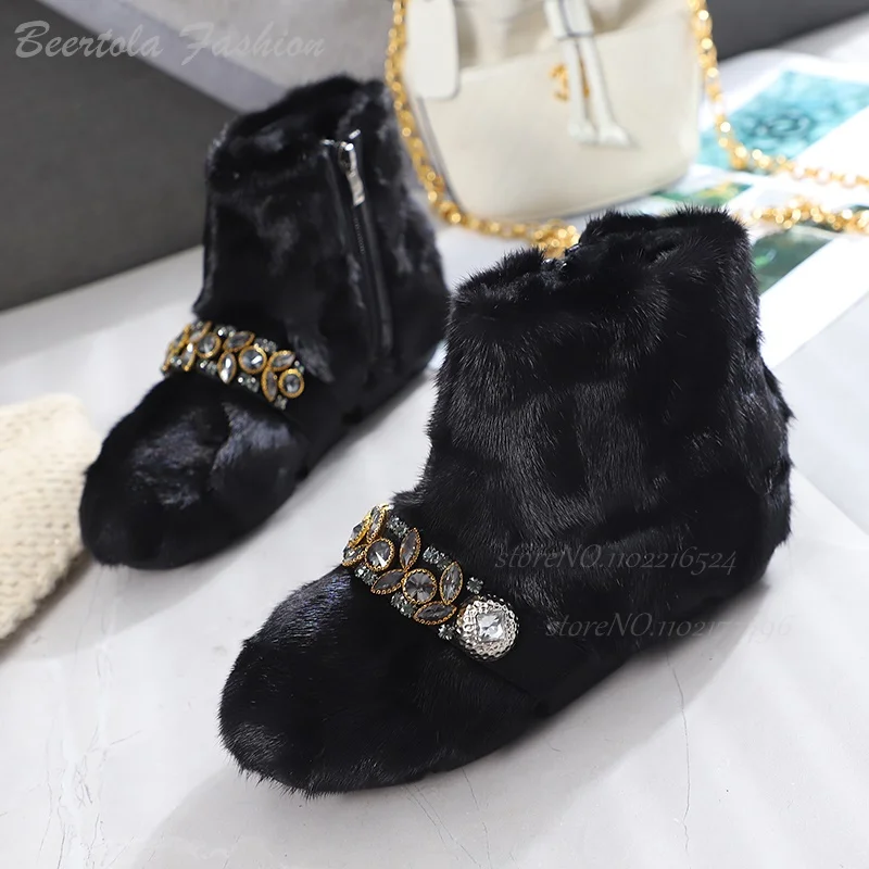 

Black Plush Winter Gem String Short Boots Women Flat Snow Metal Crystal Buttons Warmth Round Toe Calf Real Fur Soft Shoes Spring