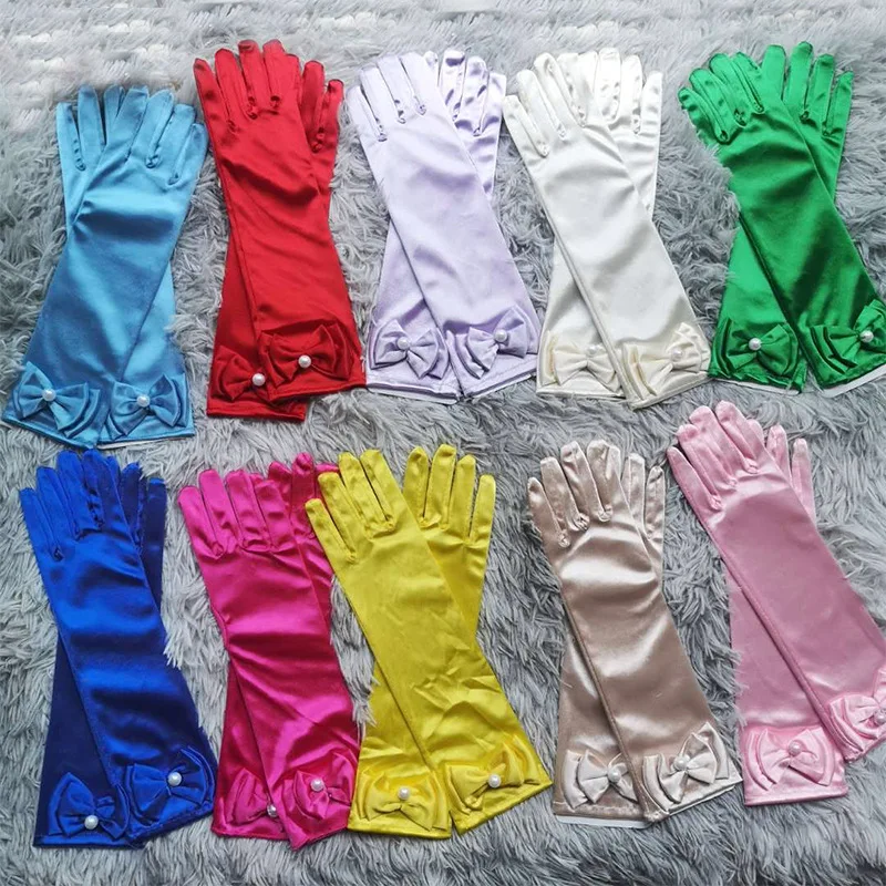 Children's satin elastic gloves girls short white gloves kids satin long R016