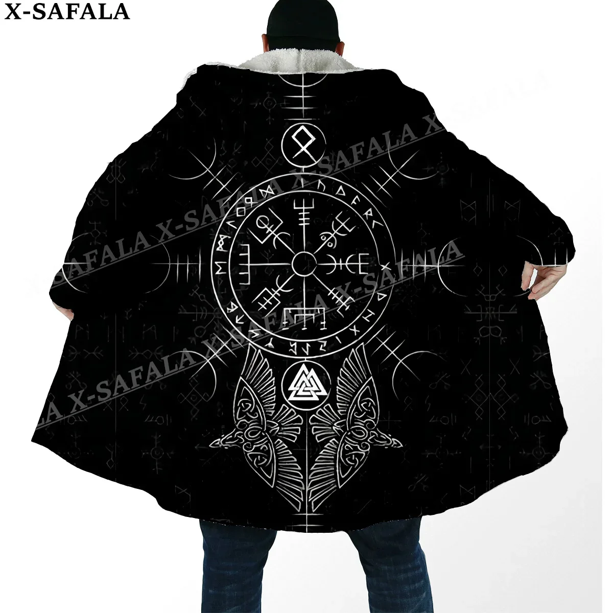 Mens Hooded Cloak Norse Mythology Vegvisir Viking Print Thick Warm Windproof Fleece Cape Robe Hooded Blanket-4