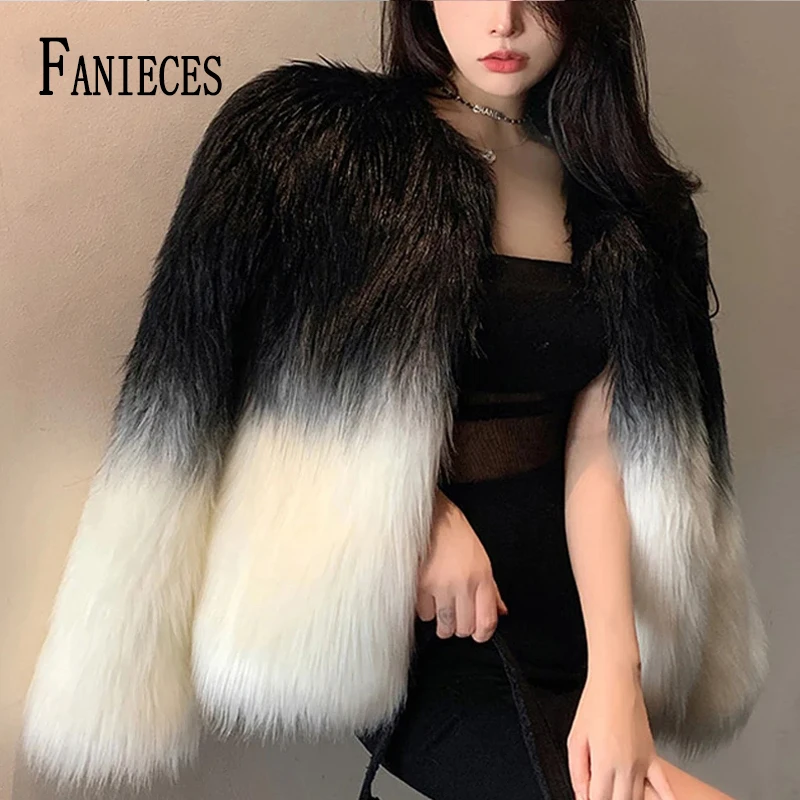 FANIECES Faux Fox Fur Coat Women Winter Thick Warm Artificial Fur Jacket Luxury Fluffy Elegant Party Outwear manteau femme hiver