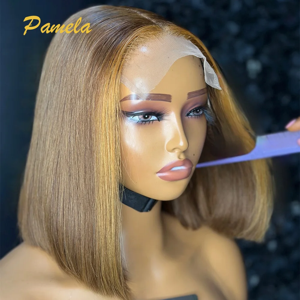 Short Natural Hair Bob Wig Ombre Blonde Color Wig 4x4 Lace Closure Glueless Wigs Human Hair Wigs 13x4 Lace Frontal Women Wigs