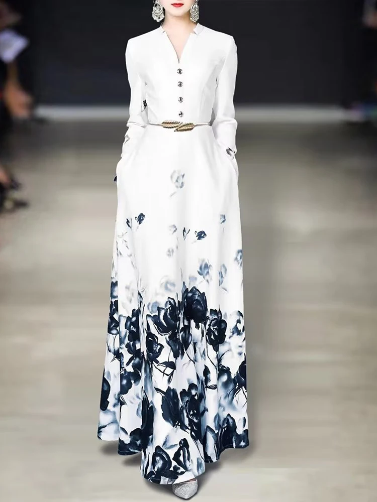 

Spring Autumn New High Quality Women'S High Street Vintage Belt Print Fashion Celebrity Casual Sweet Party Elegant Long Dress