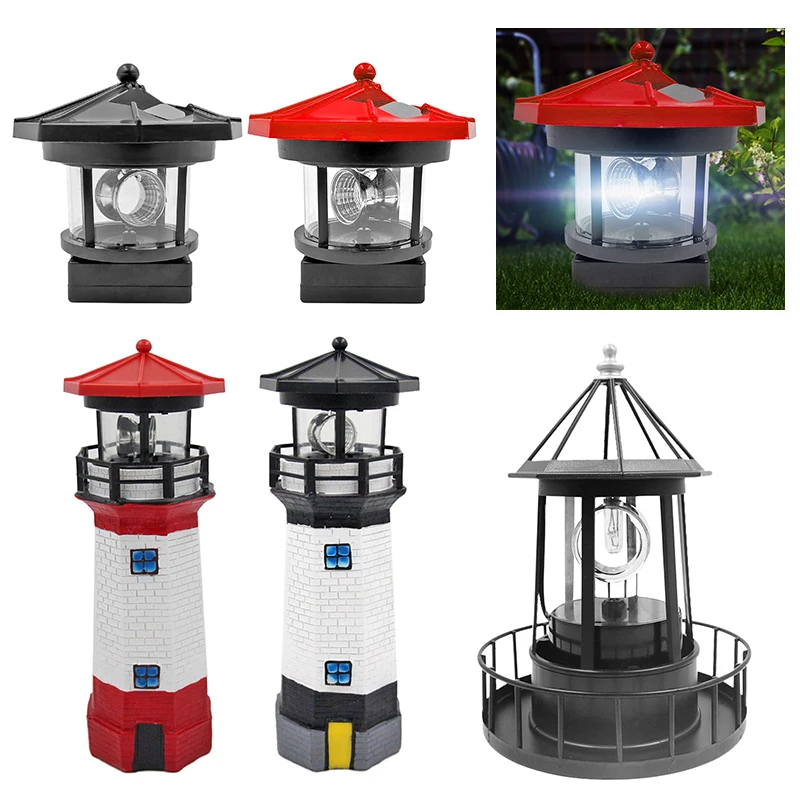 LED Solar Powered RED Lighthouse Statue Rotating Garden Outdoor Patio Light B4K6 