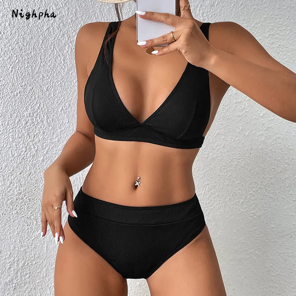 

Nighpha Women's Solid Color Push Up Bikini Swimsuits Deep V Neck High Waisted 2 Piece Bathing Suit Beach Swimwear 2023 Women