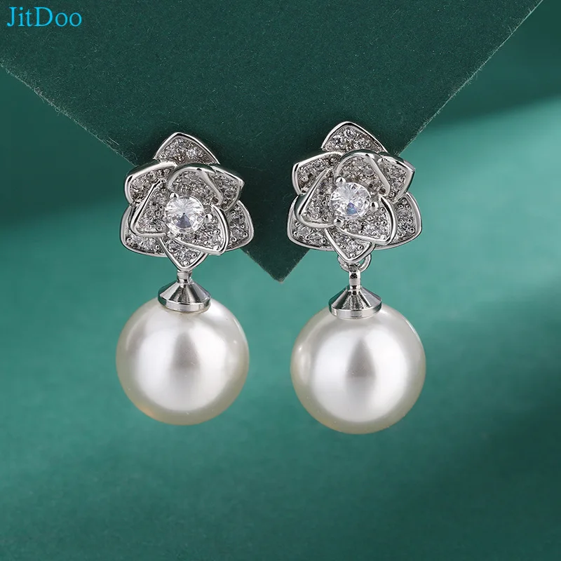 

JitDoo Classic Fashion Camellia Flower Zircon with Pearl Earrings Necklaces Jewelry Sets for Elegant Women Dinner Accessories