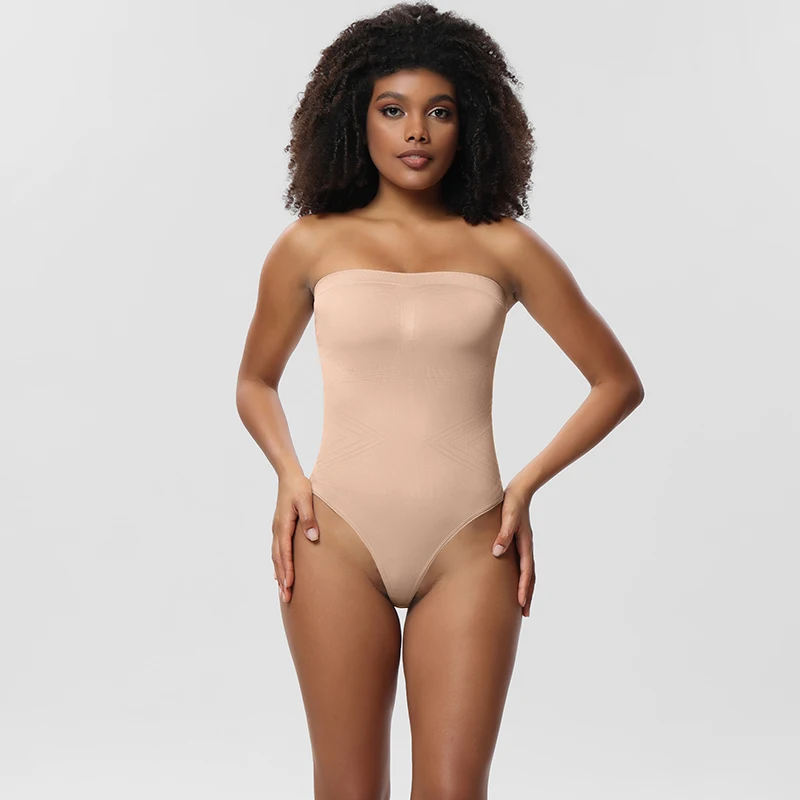 Women Strapless Bodysuit Ribbed One Piece Thong Shapewear Off