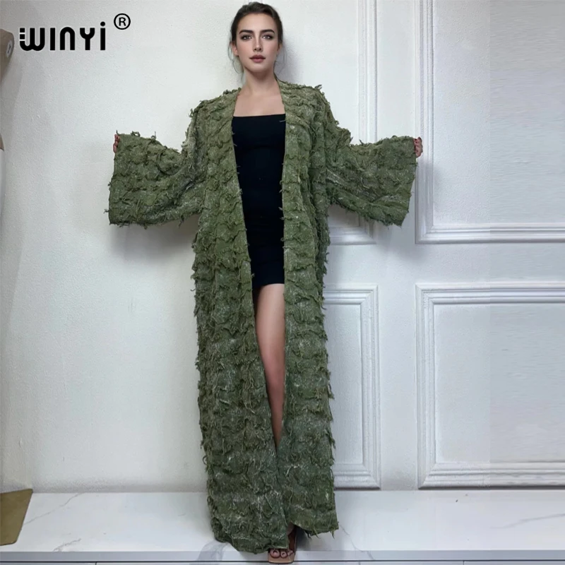 

WINYI cotton Waste soil wind tie-dyed cardigan for women OverCoat elegant kimono long down coat kimono maxi dress open abaya