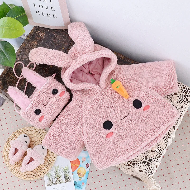 Winter Baby Girl Coat Cute Long Eared Rabbit Carrot Hoodie Warm Long Sleeve Back Zipper Cotton Coat Comes with Crossbody Bag